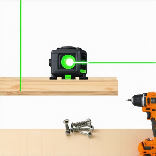 Laser level and structural screws being used for floating shelf installation