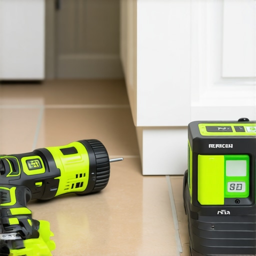 Close up of a Milwaukee multi-tool and green laser level for bathroom cabinet repair