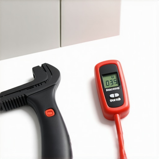 Telescoping basin wrench and moisture meter used for bathroom cabinet maintenance.