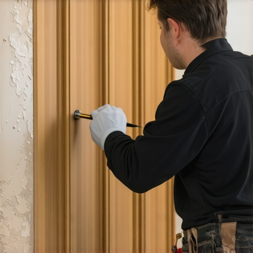 Close-up of a carpenter scribing a cabinet to an uneven wall for a perfect fit.
