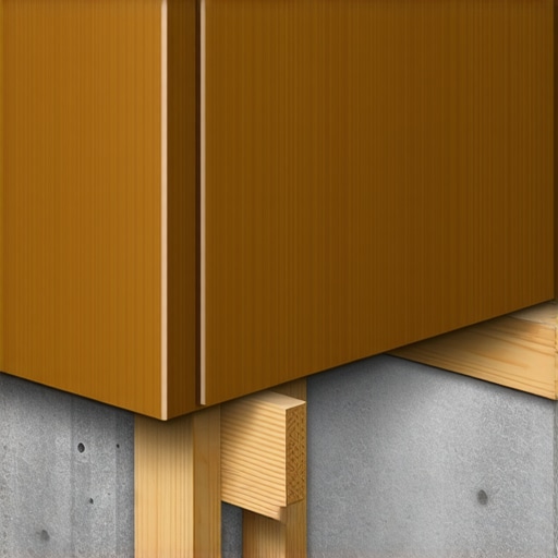 Diagram of a kitchen cabinet utilizing adjustable leveling legs and a wall ledger board to isolate it from a shifting concrete foundation.