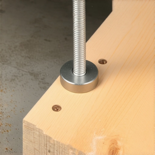 Close-up of a steel floor bolt securing a wooden mudroom bench to a concrete floor.