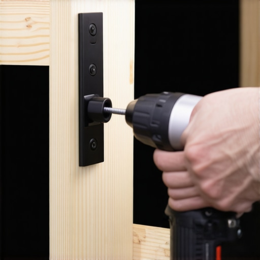 Close up of a structural steel bracket being secured to a wood cabinet and wall stud.