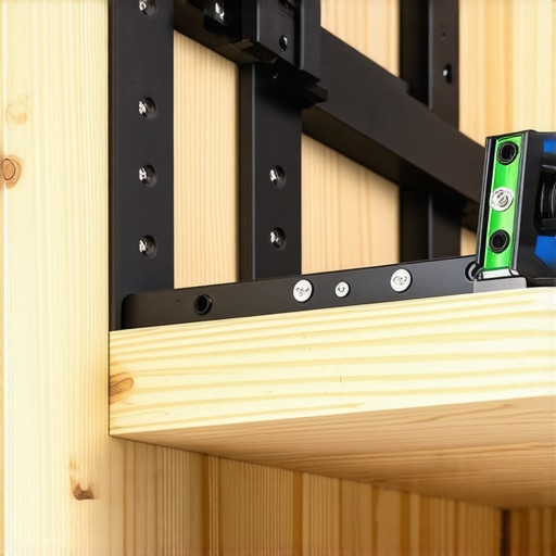 Close up of a steel shelf bracket being leveled against a wall stud