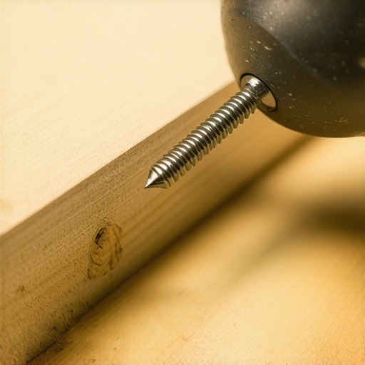 Close-up of a screw being driven at a 45-degree angle into a wooden bench frame to prevent squeaking.