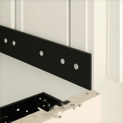 Close up of a steel bracket supporting a floating vanity on a wall.