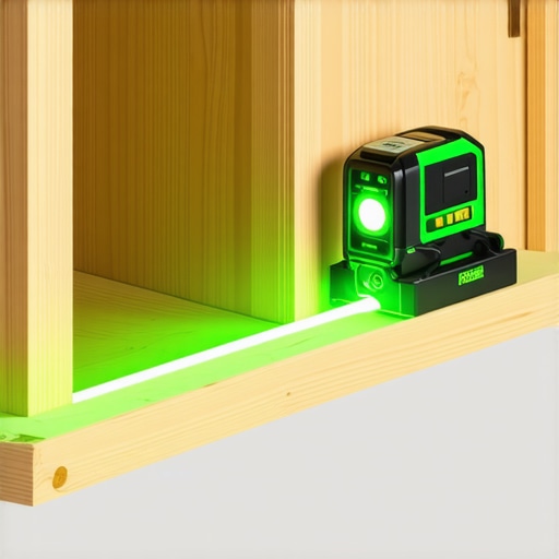A green cross-line laser level being used to align custom built-in cabinets during installation.