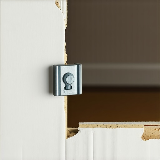 Close-up of a professional steel toggle bolt being used to secure a heavy cabinet to a hollow wall.