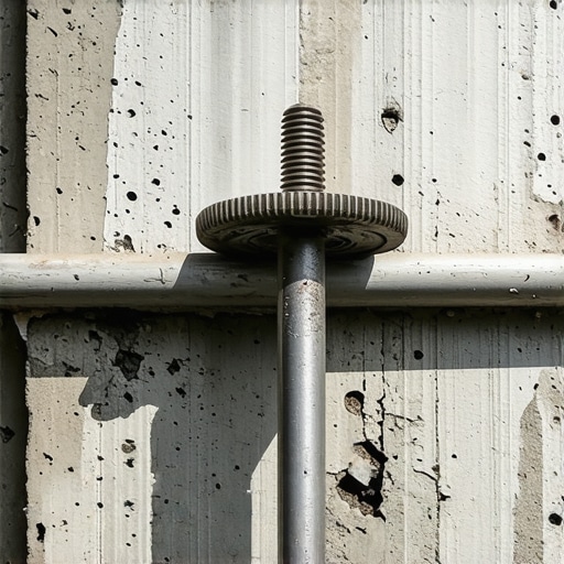 A worker hammering a steel wedge anchor into a concrete wall for garage shelving.