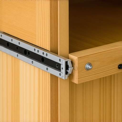 Close-up of industrial-grade drawer hardware being mounted to a custom built-in unit.
