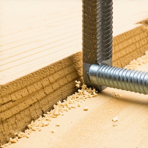 Close-up of a lag bolt being driven into a wooden subfloor joist to secure a safe.