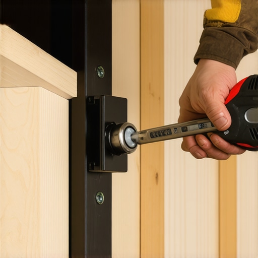 Close-up of a steel cantilever bracket being bolted to a notched wall stud with a structural lag screw.
