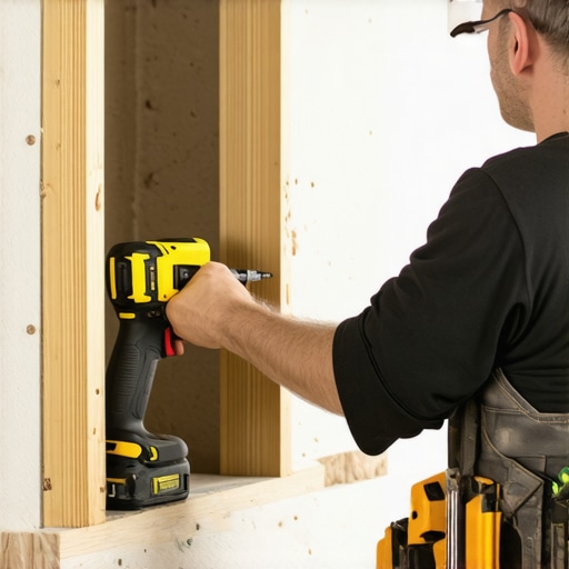 Carpenter installing a wood support block between wall studs for floating furniture
