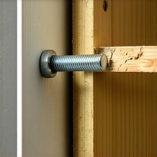 Close up view of a toggle bolt providing structural support for a floating desk mounted on metal studs.