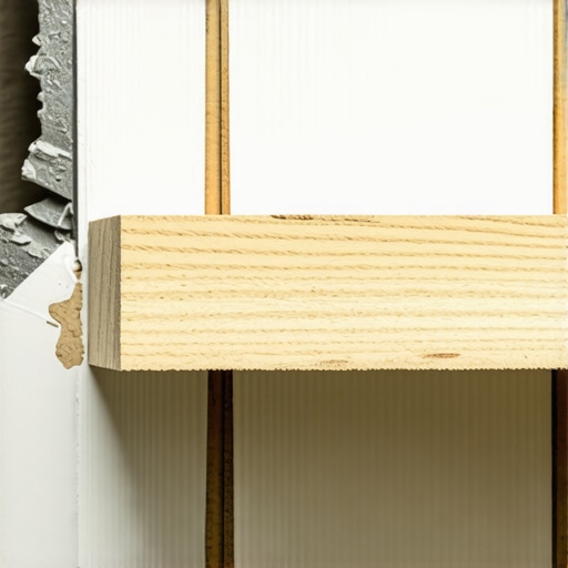 A wooden 2x4 block secured horizontally between two vertical wall studs inside an open drywall section.