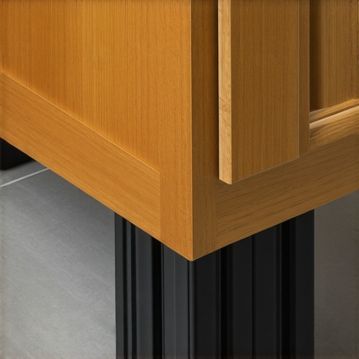 Close-up of plastic shims being used to level a vanity on tile floor