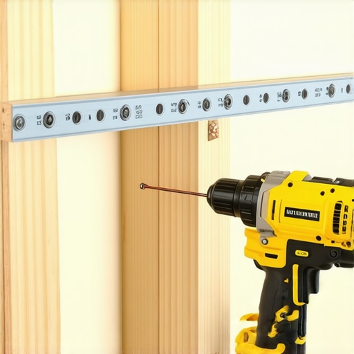 Close up of a steel rail being installed onto wall studs with structural screws for heavy cabinet support.