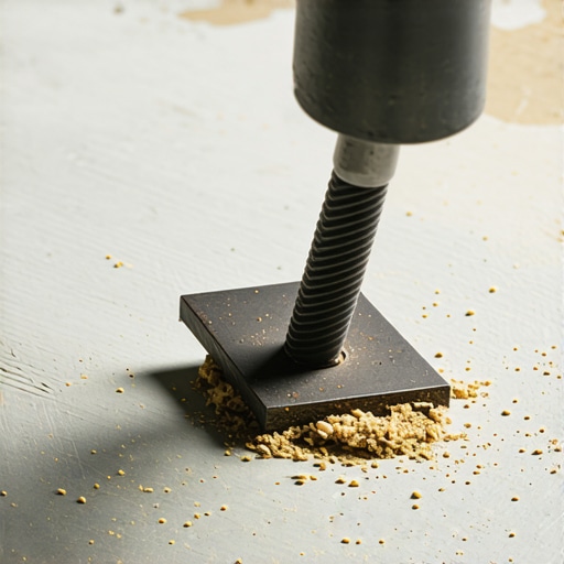 Close-up of a steel anchor being installed into a subfloor for pantry stability.