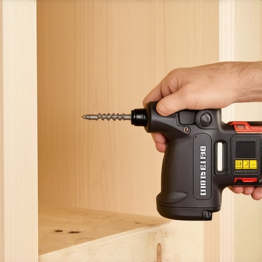 A craftsman securing a hidden wooden cleat with a structural cabinet screw and digital level.