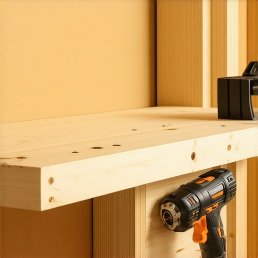 A horizontal wooden ledger board mounted to wall studs to provide structural support for a floating vanity.