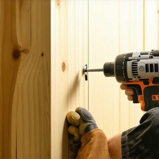 A close-up of a structural lag screw being driven into a cabinet mounting rail for maximum support.