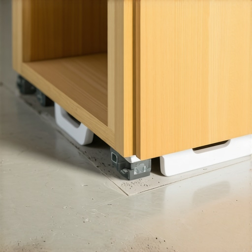 Plastic shims creating a moisture barrier under a bathroom cabinet