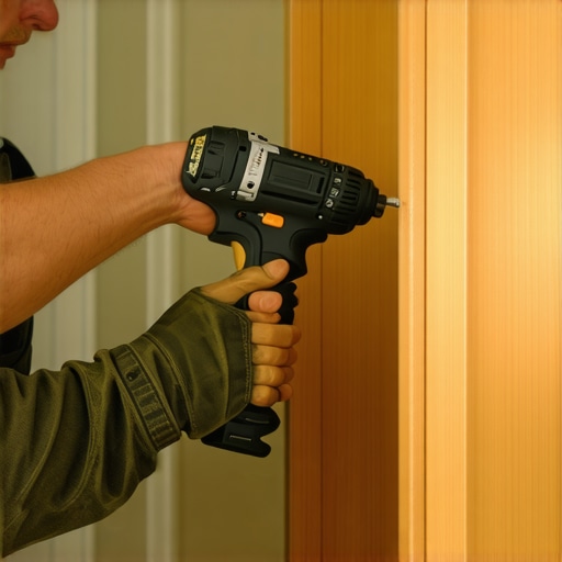 Installing structural screws for floating vanity stability A worker drives a structural screw into a wooden wall block to secure a floating vanity
