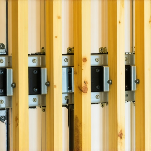 Close-up of wall studs with wood blocking and steel plate for vanity support