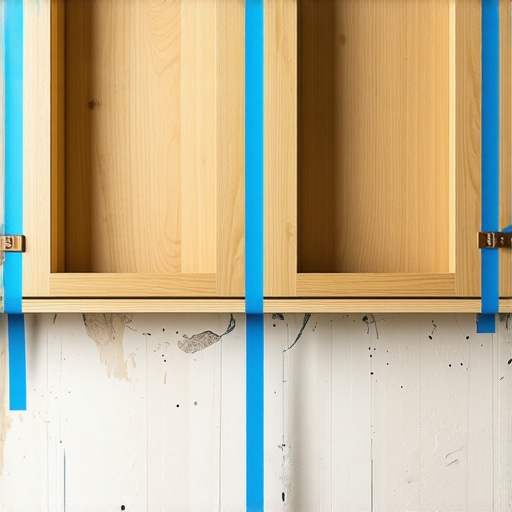Close-up of cabinet structural reinforcement and scribing line against an old wall