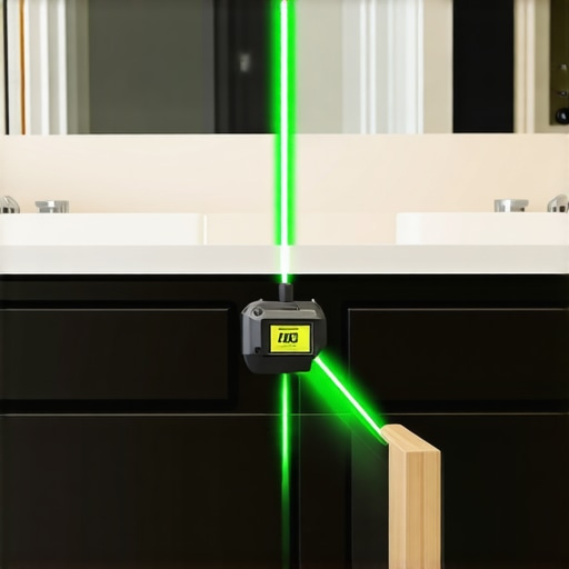 Using a cross-line laser to check the alignment of custom vanity drawers.