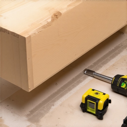 A carpenter uses shims and a level to stabilize a bathroom vanity on a slanted floor.