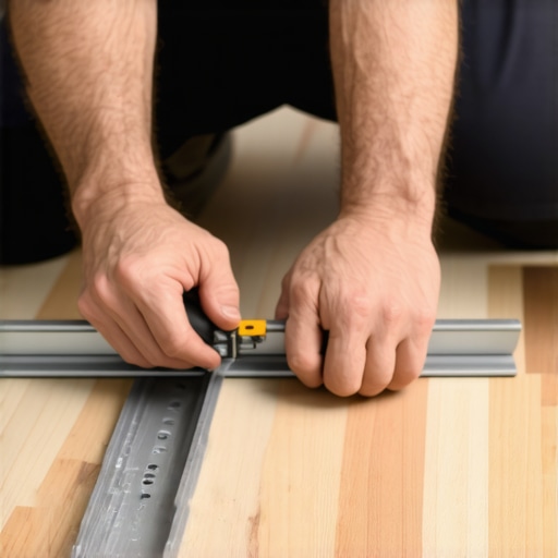 A close-up of the technical process of using shims to level a heavy-duty cabinet track.
