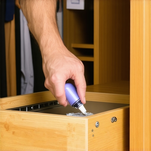 Hand applying dry lubricant to metal closet drawer slides for maintenance.