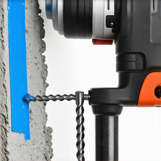 Marking the Drill Depth for Concrete Anchors Close-up of a hammer drill bit with tape marker for depth accuracy on concrete.