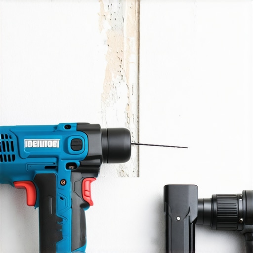 A professional oscillating tool making a precise cut in a bathroom wall for vanity reinforcement.