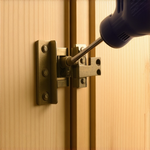 A hand using a screwdriver to adjust the alignment of a cabinet door hinge for long-term maintenance.
