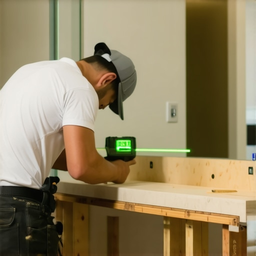 Contractor using a professional laser level to install a floating bathroom vanity.