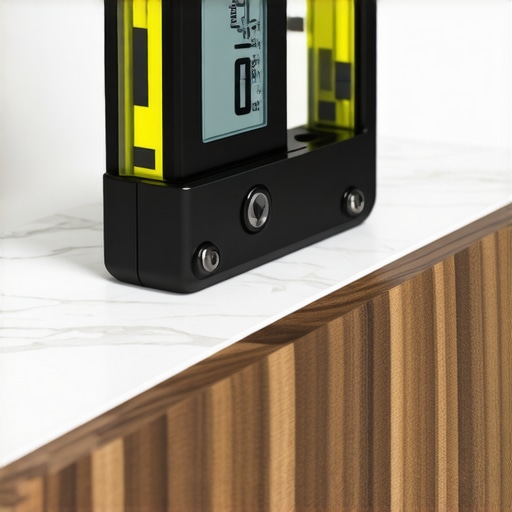 A digital level tool used to ensure a custom bathroom vanity is perfectly level for a stone countertop.