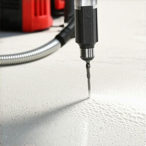 Close-up of hammer drill and dust extraction for concrete anchor installation.