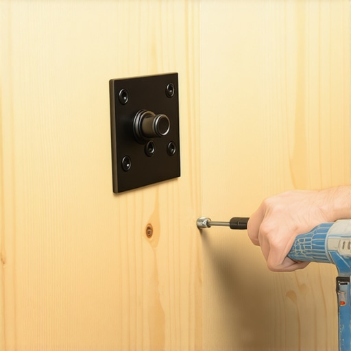 Close-up of a structural steel L-bracket being mounted to a wood stud with professional precision.