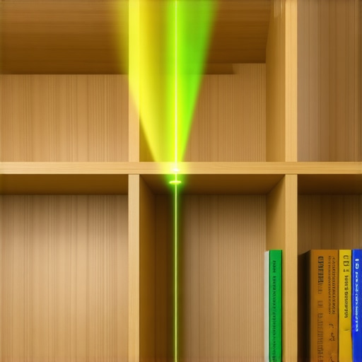 A green laser level tool being used to ensure a custom built-in bookshelf is perfectly plumb during installation.