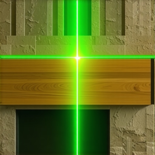 Green laser level checking the horizontal alignment of a heavy custom mantel.