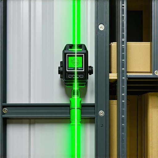 Green beam laser level aligning garage shelving on a concrete floor