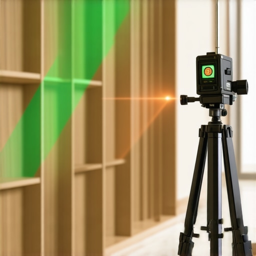 A green-beam laser level being used to align a tall custom built-in storage unit.