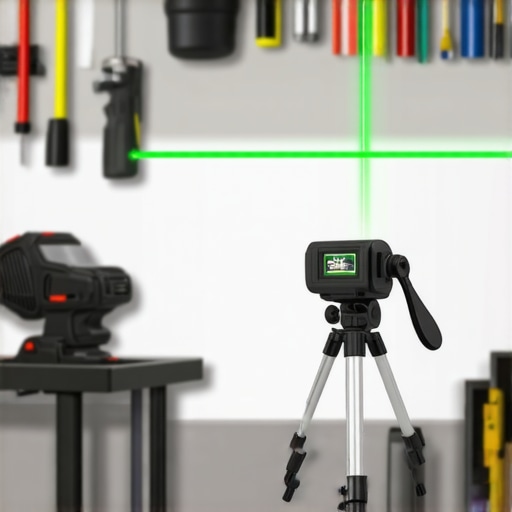 A green cross-line laser level projecting a line on a garage wall for installing heavy storage racks.