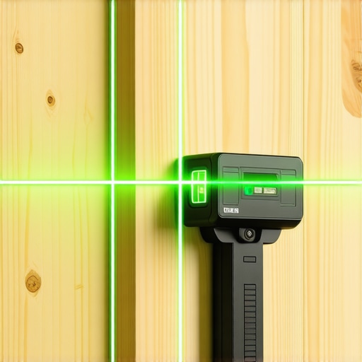 A green laser level projecting a line onto a plywood ledger board on a garage wall.