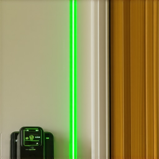 A green beam laser level being used to align a bathroom vanity on an uneven wall.