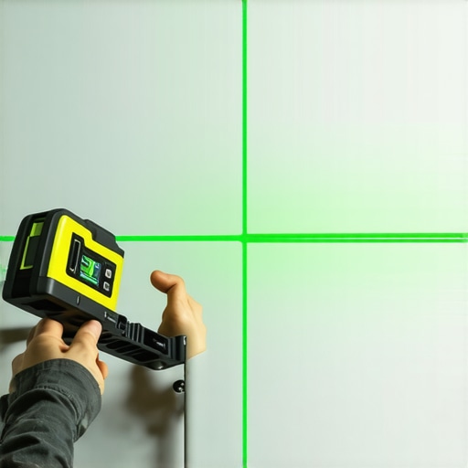 Carpenter using a green laser level to align mudroom built-ins on a textured wall.