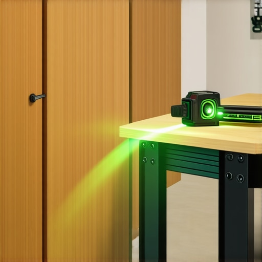 Green laser level projecting a line across garage cabinets for precise installation