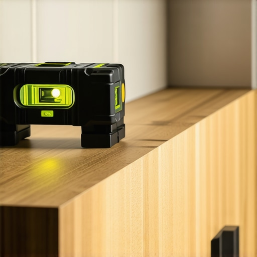 A professional spirit level checking the horizontal alignment of a custom wood vanity against a bathroom wall.
